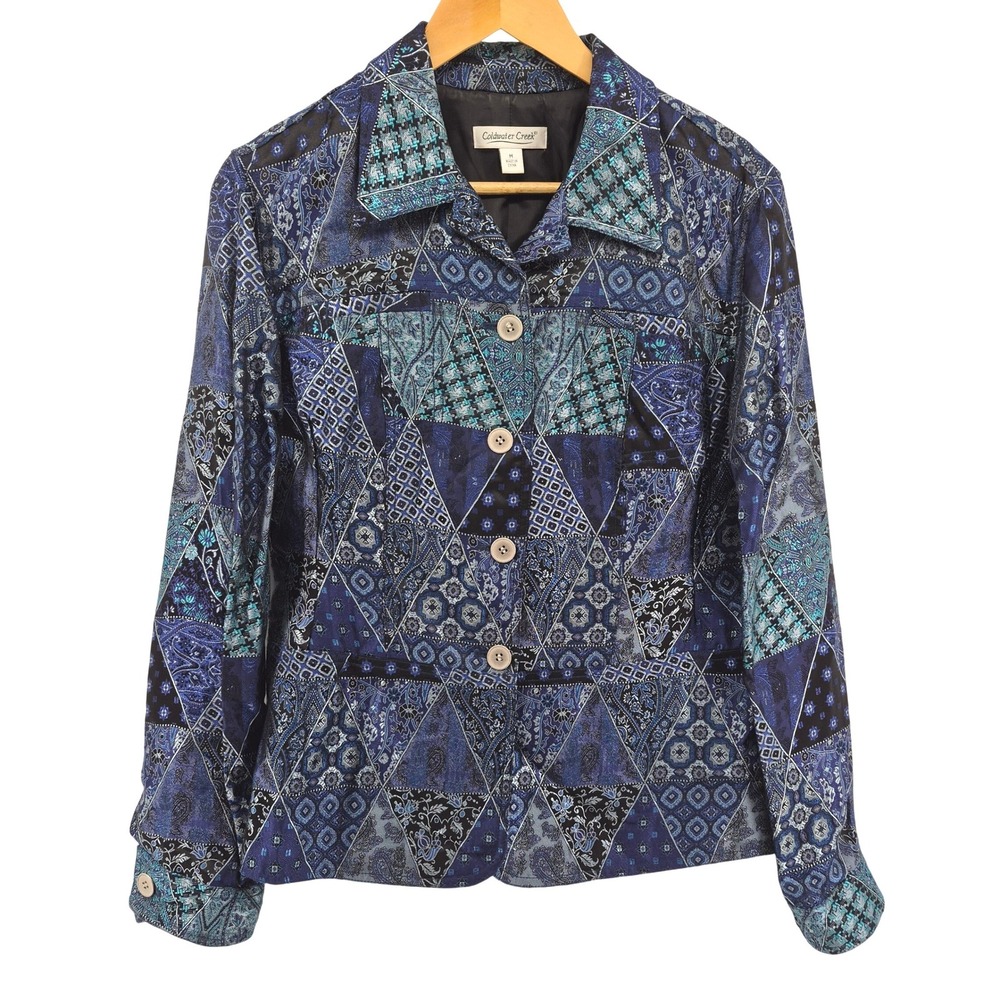 Coldwater Creek Patchwork Blazer Blue Geometric Paisley Print Sz M Art to Wear